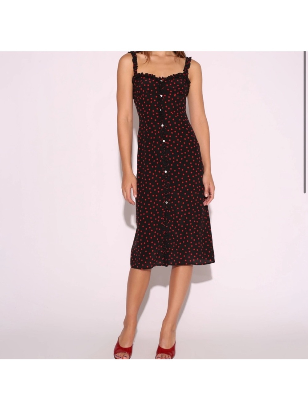 Realisation Par Black Midi Dress with Red Polka Dot Print